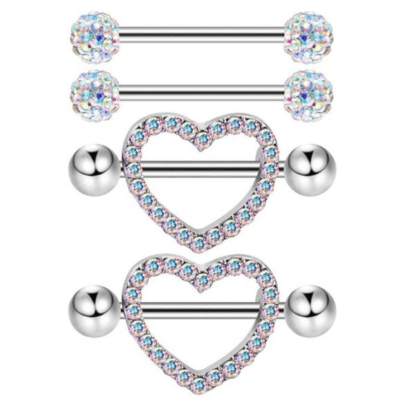 14G 316L Silver and CZ Nipple Rings - Set of 2 - Picture 1 of 7